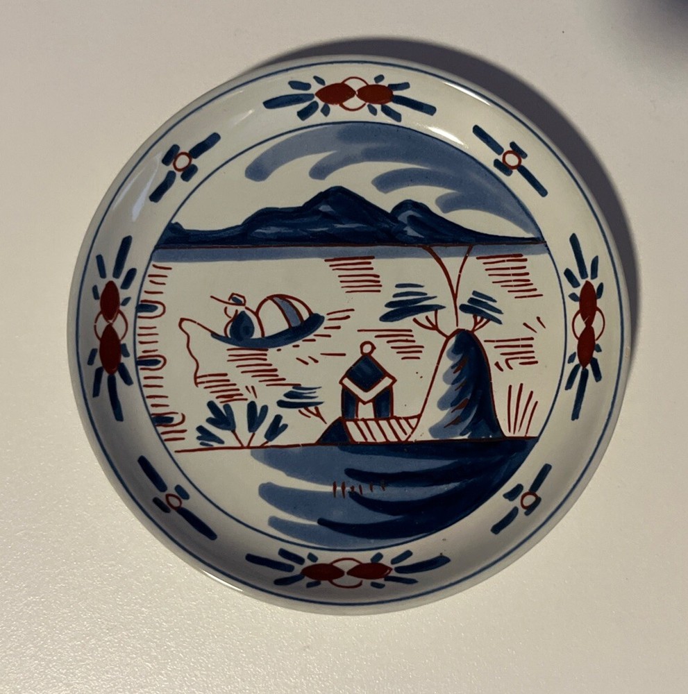 Delft Blue Plate 4.5” Blue Red Fishing Scene Made In Holland 1970