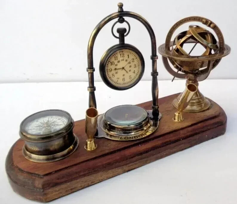 Elegant Brass Tabletop Clock with Pen Holder, Compass & Armillary Sphere – Vinta