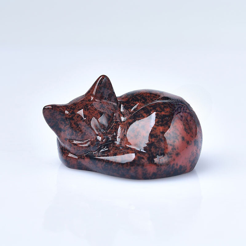 Natural Red Obsidian Quartz Crystal Carved Sleep Cat Stone Energy Reiki Decor