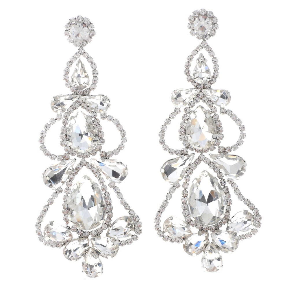 Silver Tone Metal Rhinestone Drop Post Earrings ESE2871-SCL