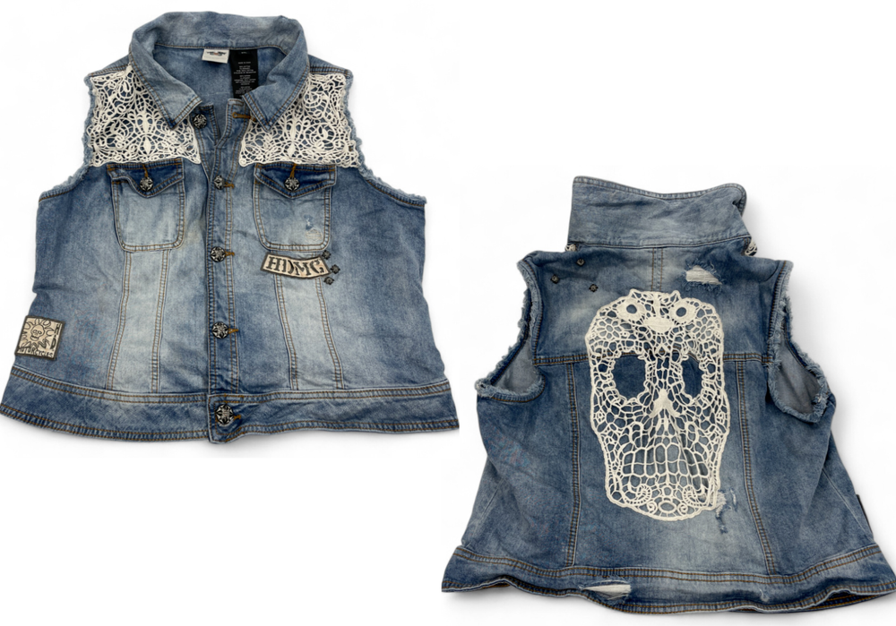 Harley Davidson Skull Patches Denim Biker Motorcycle Vest Jacket Women's 2XL XXL