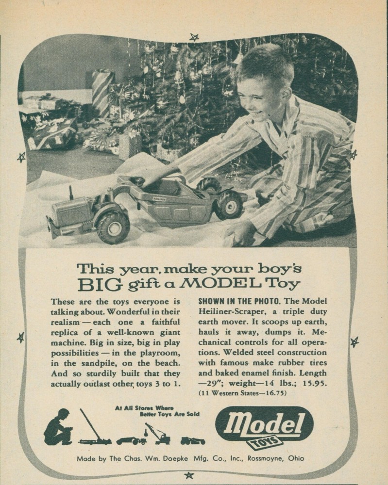 1951 Model Toys Heiliner Scraper Earth Mover Christmas Tree Vintage Print Ad LO7