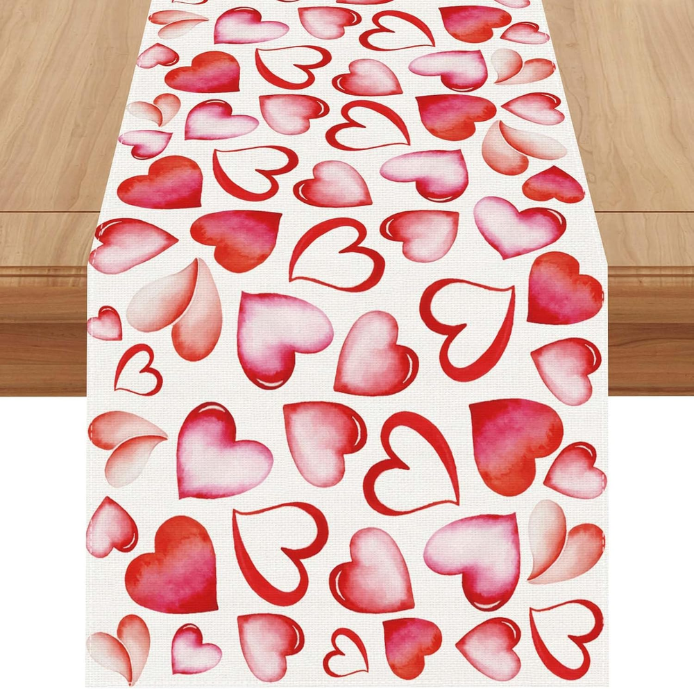 72-Inch Pink Linen Watercolor Heart Valentine's Day Table Runner for Festive Decor