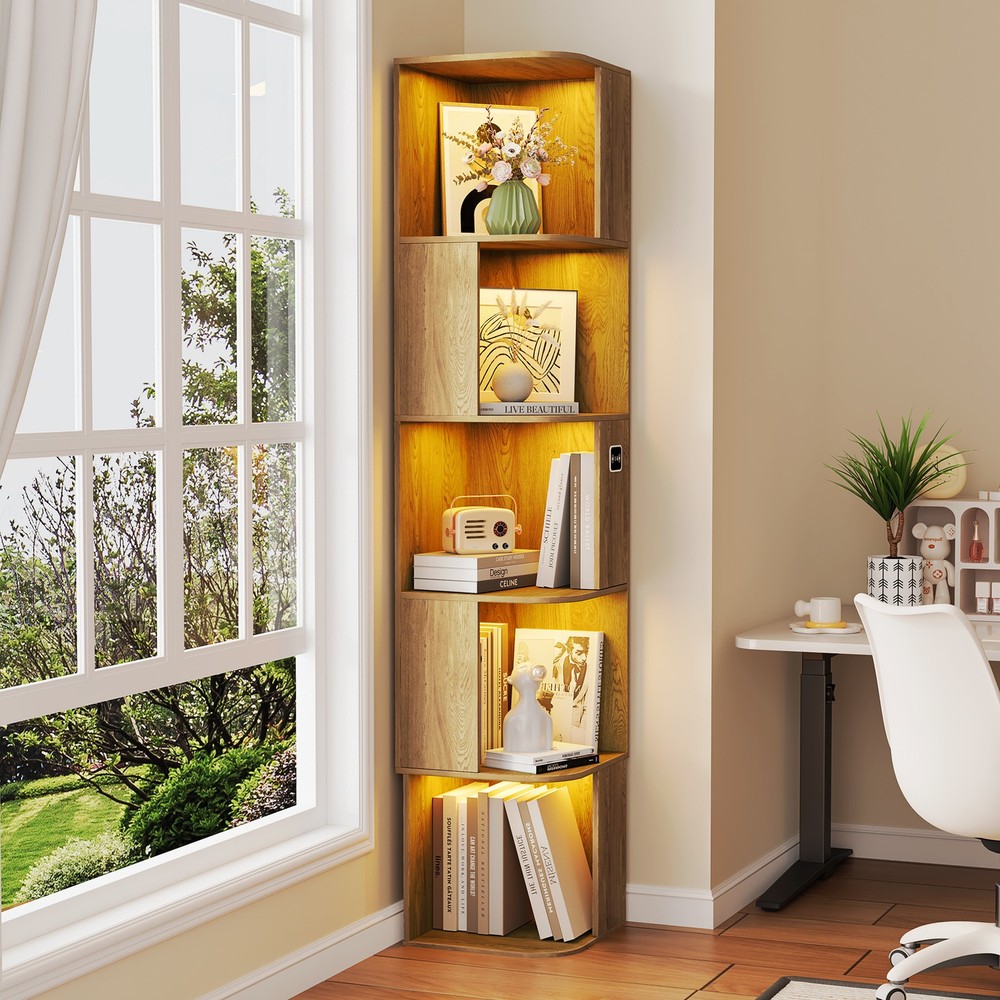 Gurexl Corner Bookshelf with LED Light, 5-Tiers Bookshelf with Human Body Sensor