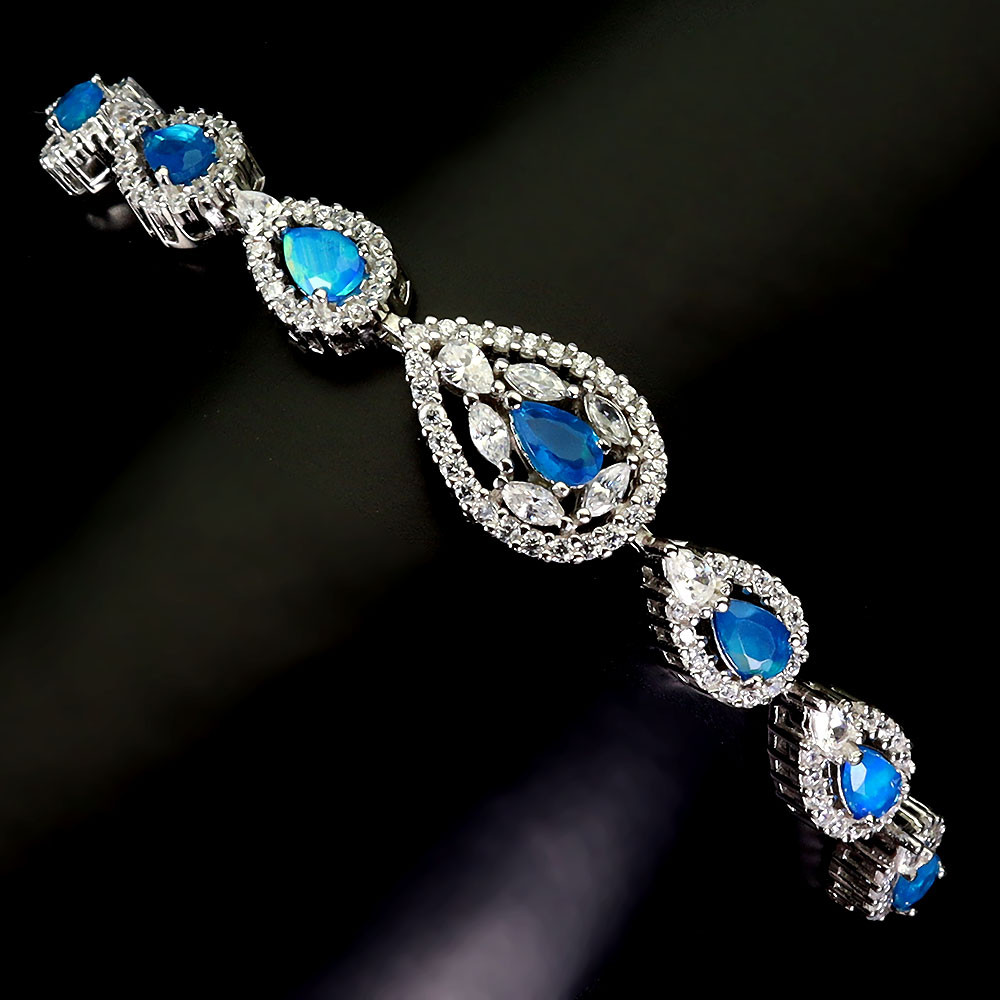 Valentine 925 Silver Bracelet Pear Blue Opal 4x3mm Natural Gemstone Jewelry 7 In