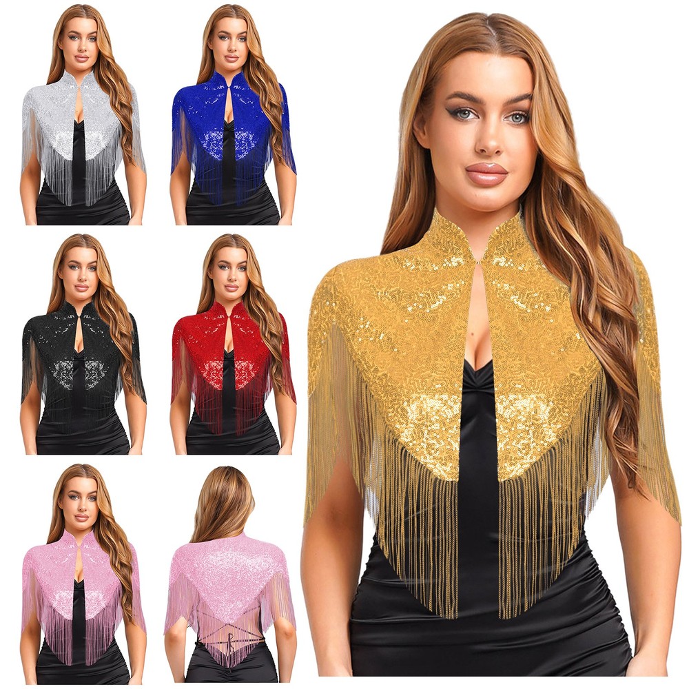 Women Sequin Shawl Wraps Fringed 1920s Evening Wedding Cape Party Accessories