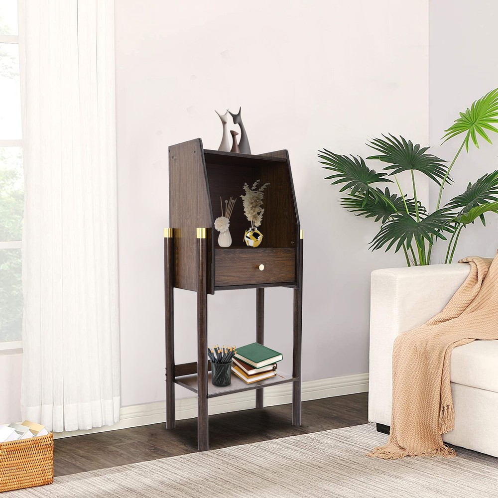 3-Tier Bookshelf Bamboo Display Rack Tall Book Case w/ Drawer Freestanding Shelf