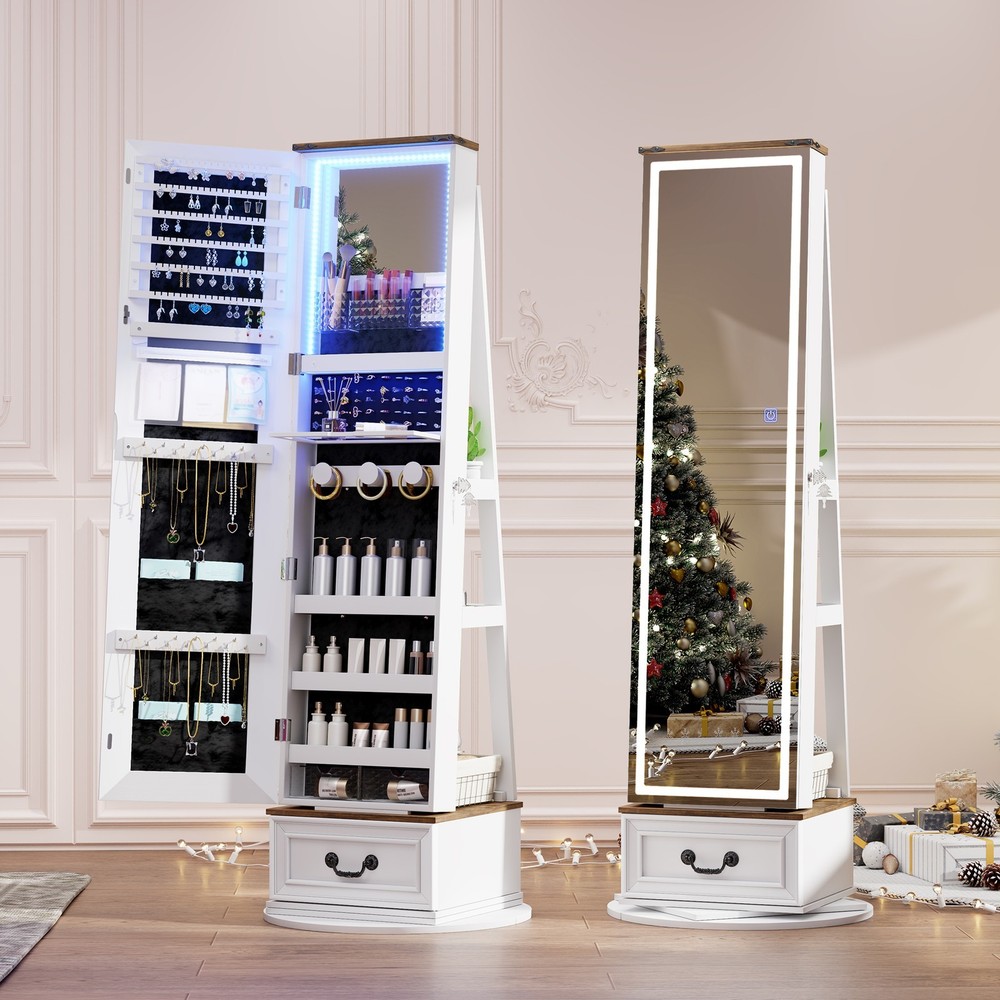 LED Mirror Jewelry Cabinet Standing, 360° Swivel Jewelry Organizers and Storage