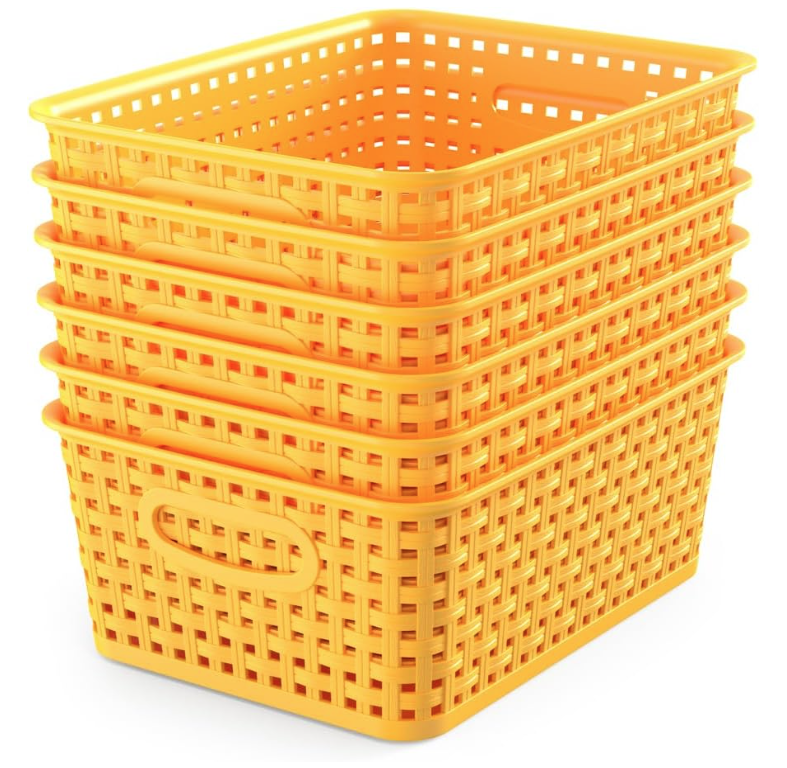 6-Pack Yellow Plastic Storage Baskets for Shelves Cabinets Pantry  