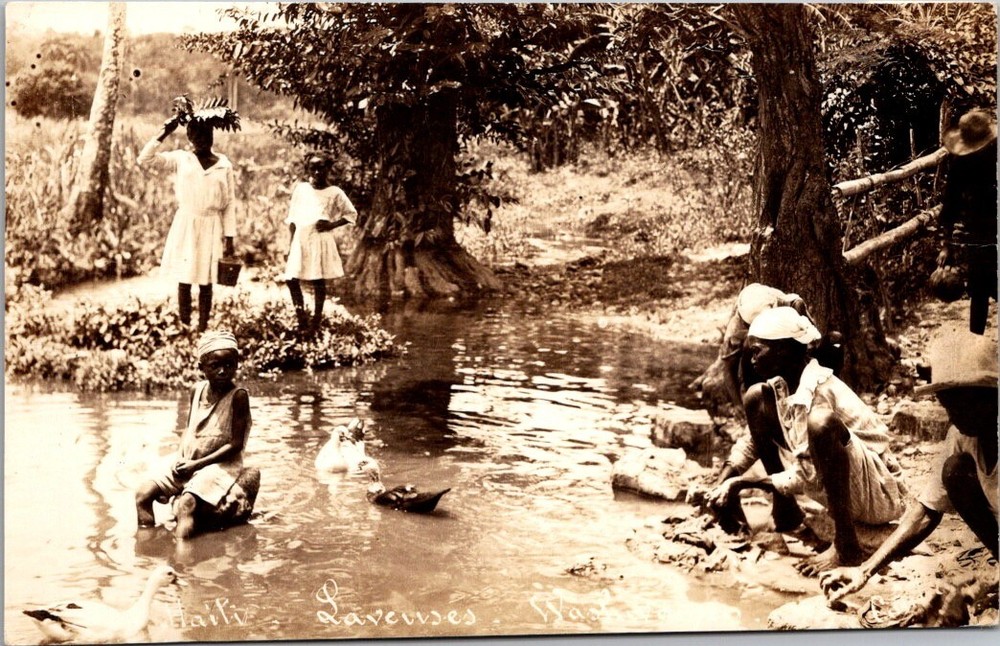 VERY RARE 1941 Haiti RPPC Women Washing at River Ducks Swimming Rural Life Scene