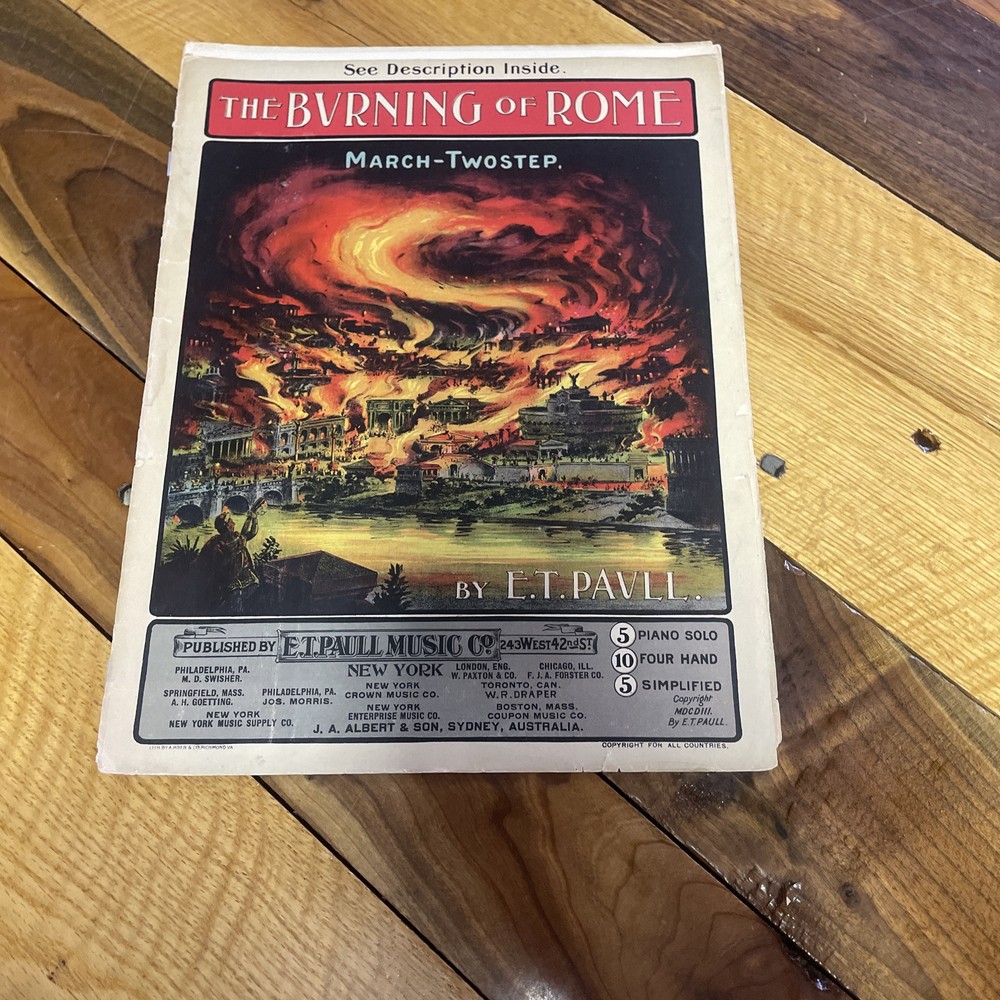Burning of Rome March Two Step 1903 Piano Sheet Music by E. T. Paul - Large Size