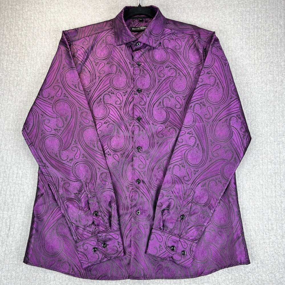 New Barry Wang Men Purple Paisley Jacquard Dress Shirt (L) Long Sleeve Button Up