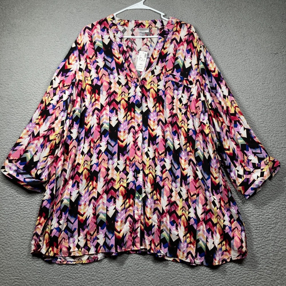 Avenue Top Women's Plus 30/32 Purple Print Long Sleeve Roll Tab Flowy Button Up