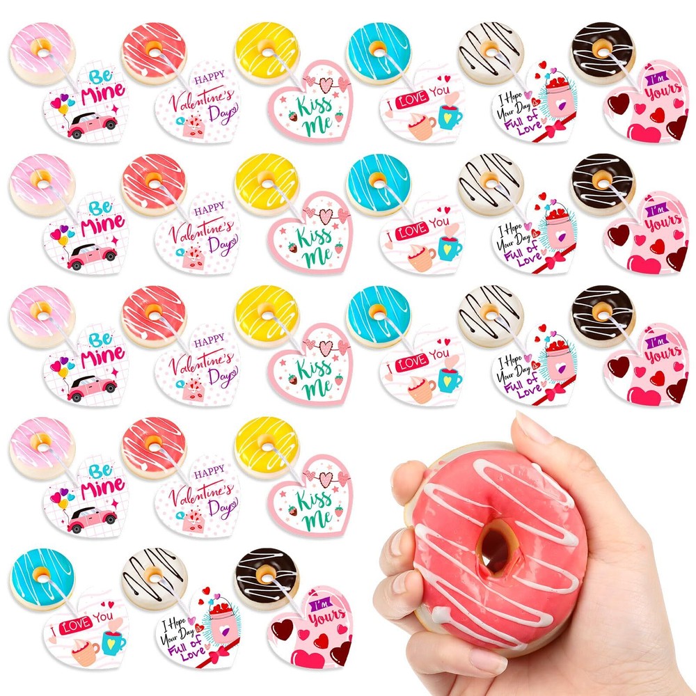 24 Sets Valentine's Day Classroom School Exchange Gifts for Kids 24 Donut Str...