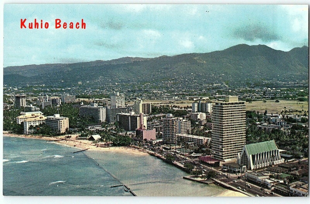 Hawaii Aerial View Kuhio Beach Waikiki Hotels Church Foster Towers Postcard