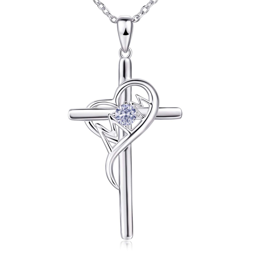 925 Sterling Silver Cross Necklace for Women Mom Necklace Birthstone Necklace...