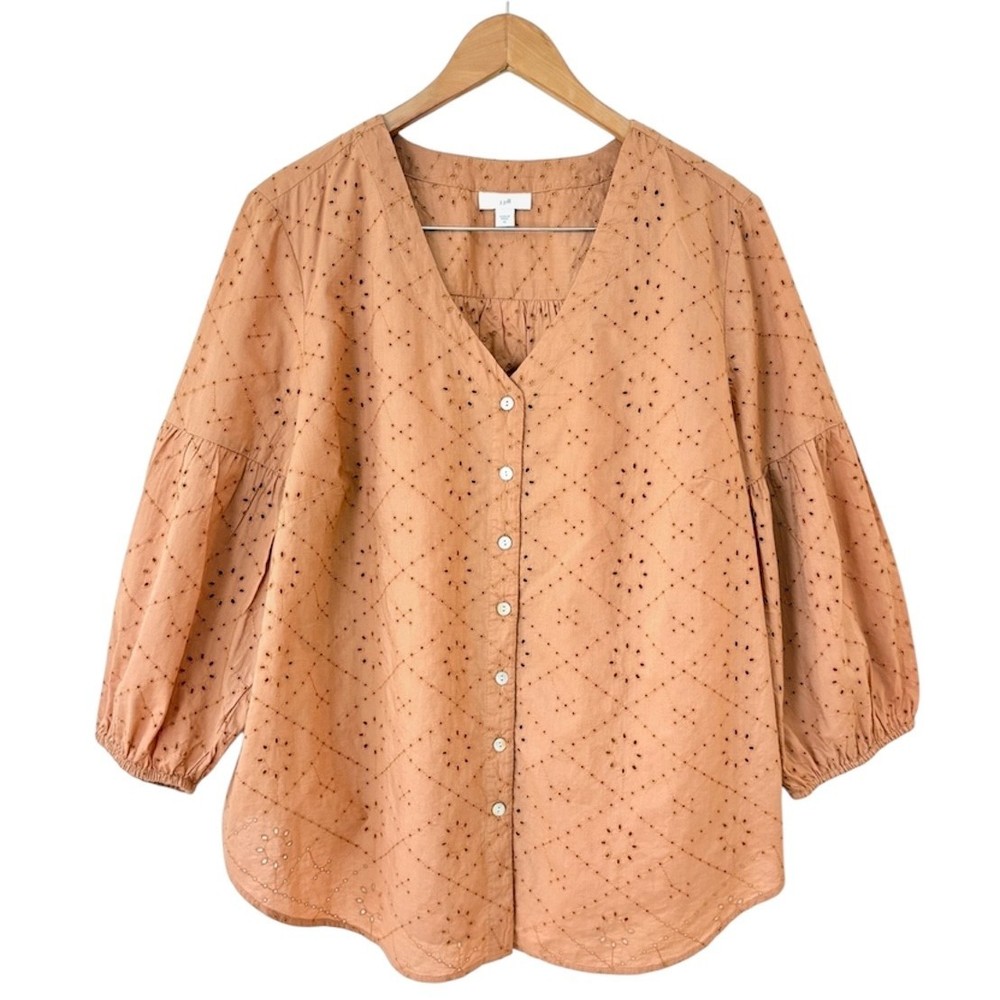 J. Jill Embroidered Eyelet Peasant Top with Lantern Sleeves in XL Cotton