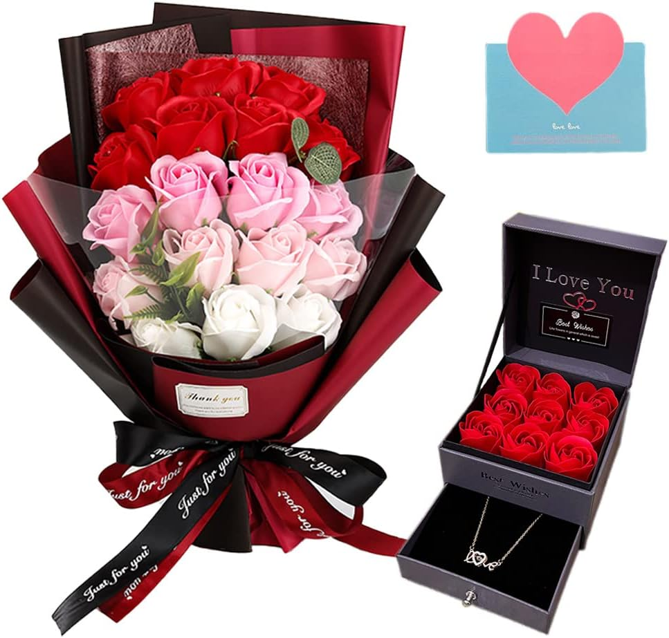 Roses Bouquet Artificial Flower - Preserved Red Rose Flowers with Love Necklace
