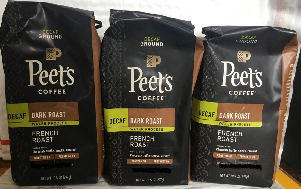 Peet's Decaf French Roast Ground Coffee 3 Packages Dark Roast