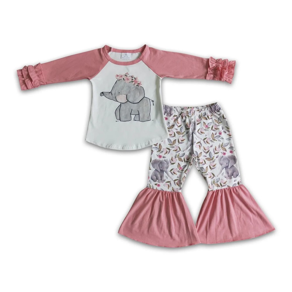 Elephant Print Bell Bottom Ppants 2 pcs Outfit Toddler Girls boutique Clothes