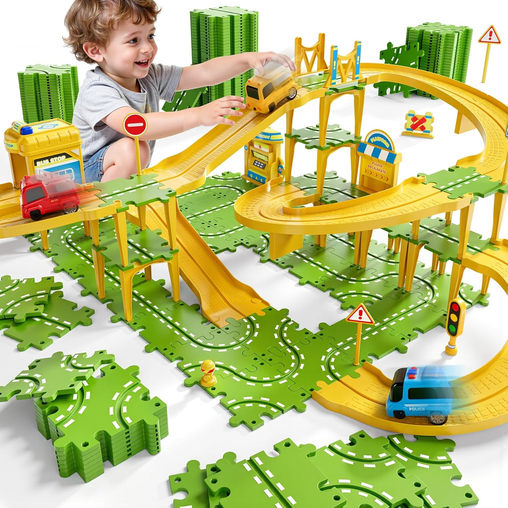 4-Tier Large Puzzle Race Car Track Set for Kids 3-5, Puzzle Tracks Car Play Set,