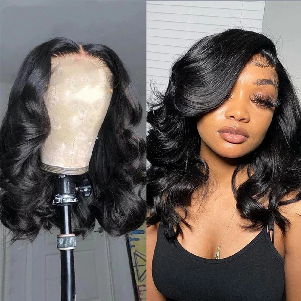 Wavy Medium-Length Synthetic Wig for Women with Soft Black Hair Middle Part