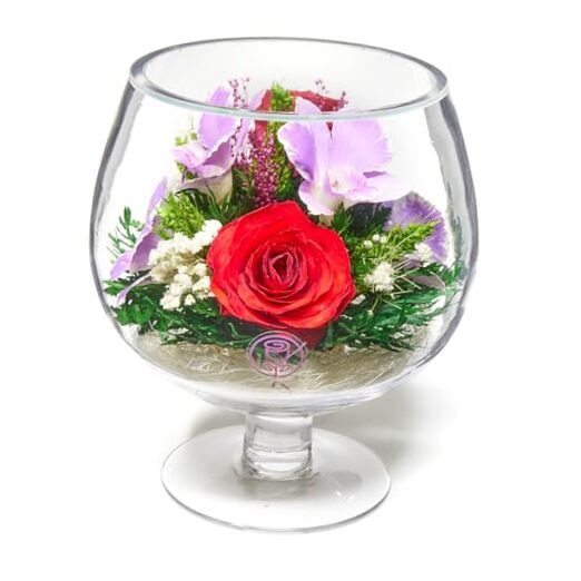 Premium Fresh Cut Preserved Flower Bouquet in a Sealed Glass Glass Red & Purple