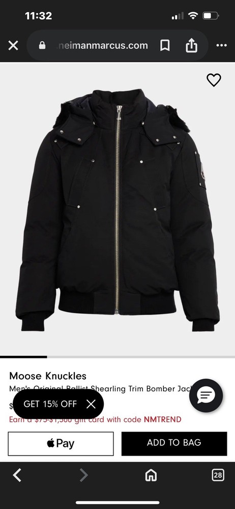 Moose Knuckles Down-Filled Shearling Trim Hooded Heavyweight Bomber Jacket Black