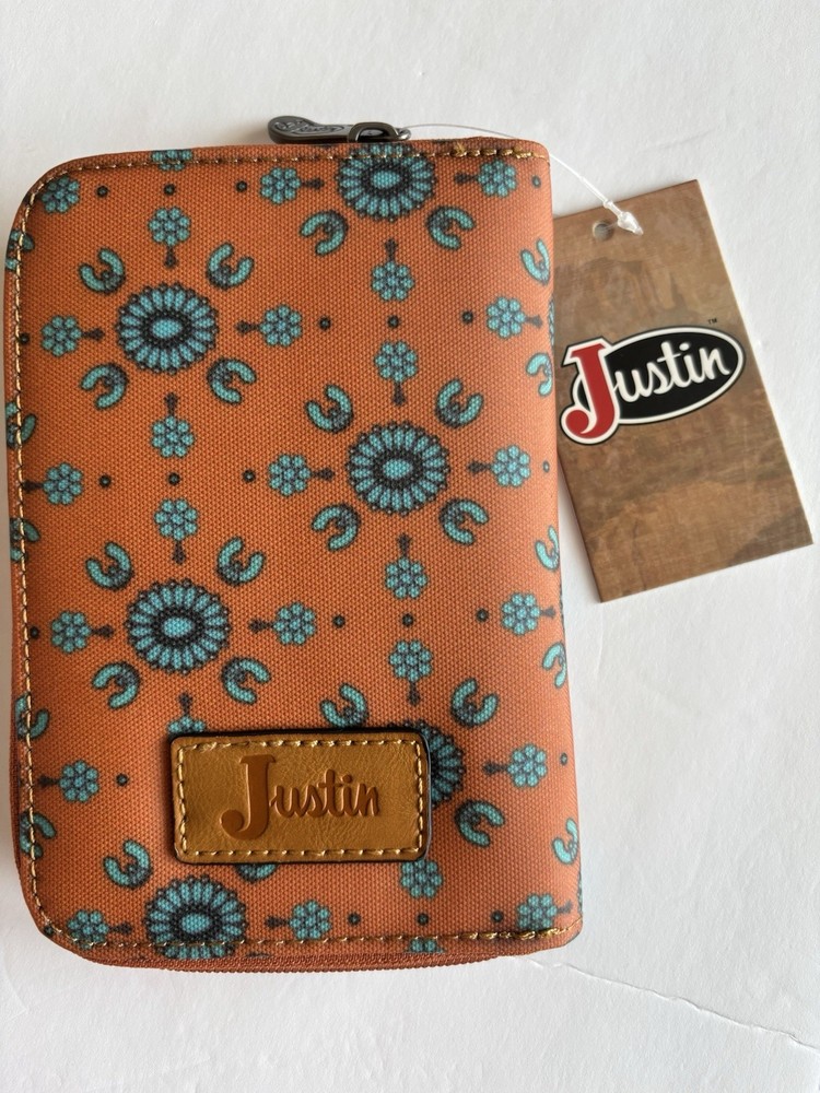 Justin Boots Western Travel Jewelry Case Orange Blue Floral Horseshoe Design NWT