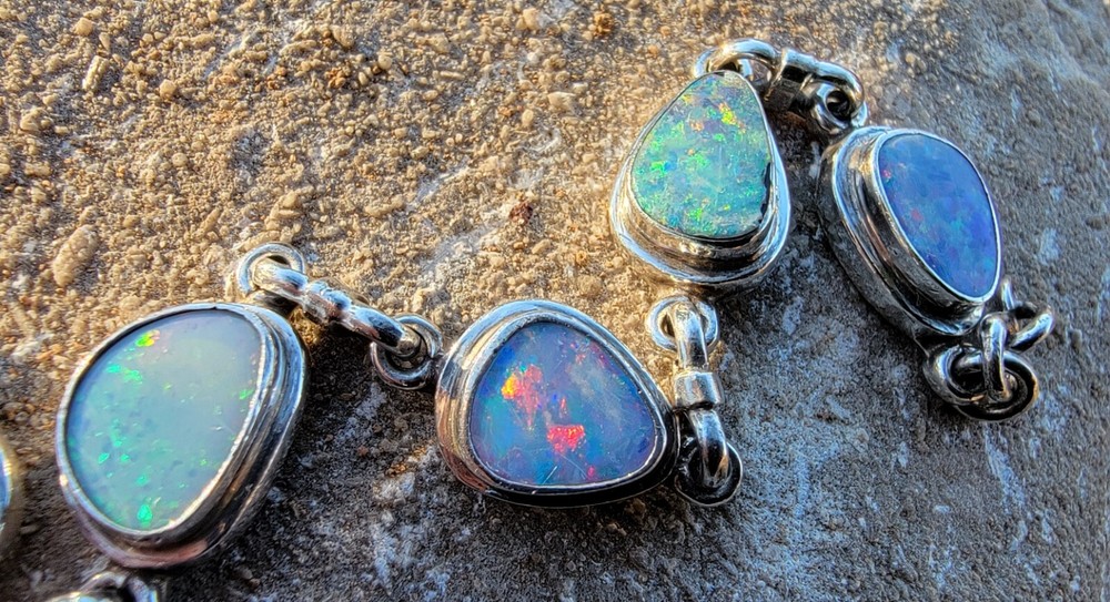 Six Australian Opal Doublets in .925 Solid Sterling Silver Bezeled Bracelet