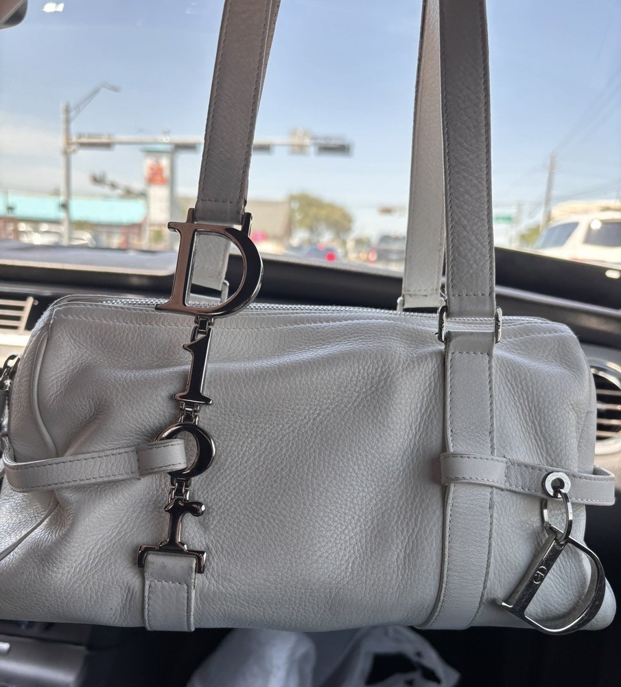 DIOR Hand Bag Leather Logo Fittings White Boston Authentic