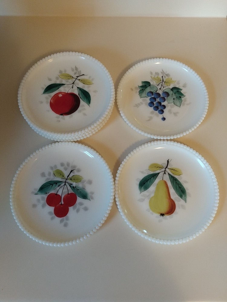 Vintage Westmoreland Beaded Milk Glass Fruit Plates Set of 7 Hand Painted 7.25 Inch