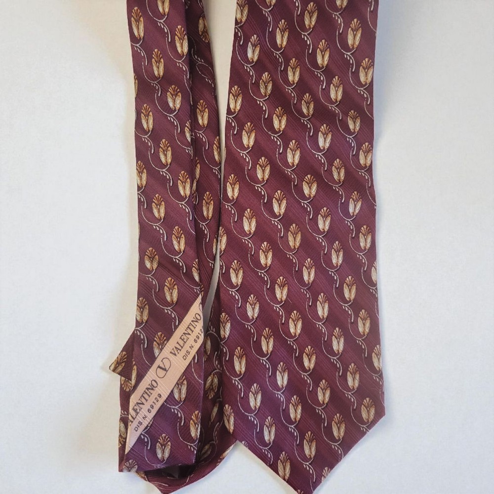 Vintage Valentino Burgundy Geometric & Floral Silk Tie Men's Italy