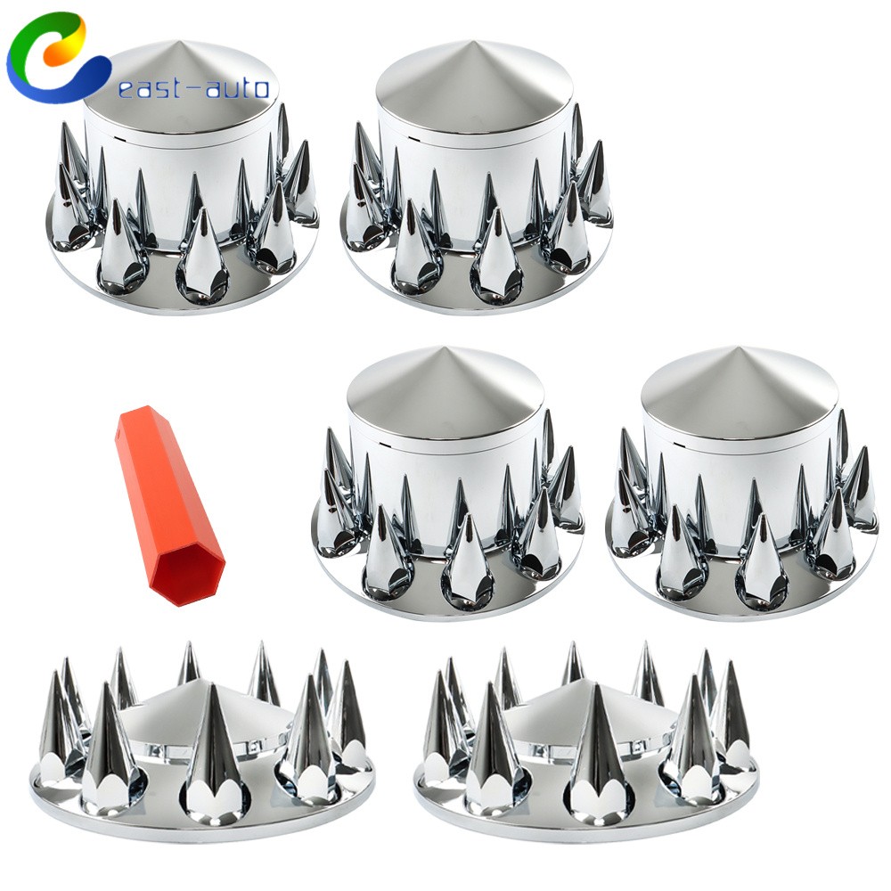 Chrome Hub Cover Kit 33mm Front & Rear Semi Truck Wheel Axle Covers Spiked New