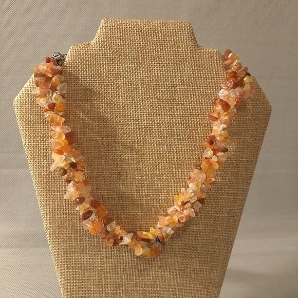 Handmade Women's Bohemian Triple Strand Gemstones Necklace Orange Yellow Chip