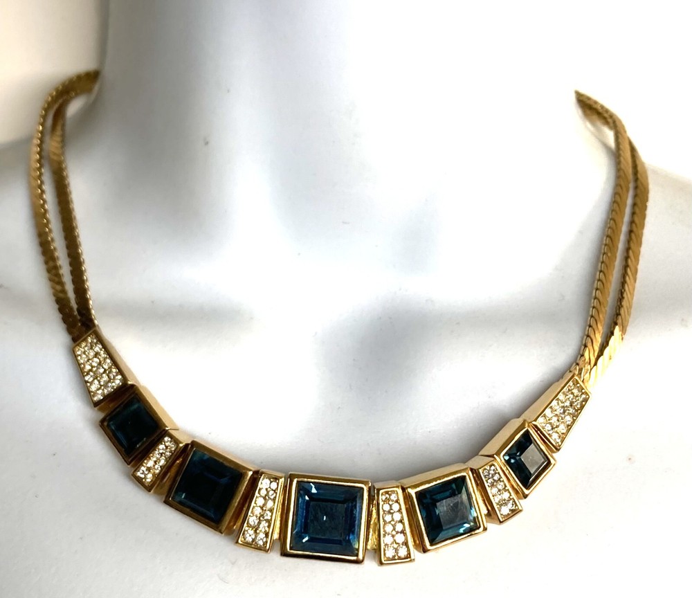 Dior Gold Clear Rhinestone Faux Sapphire Double Strand Necklace-image
