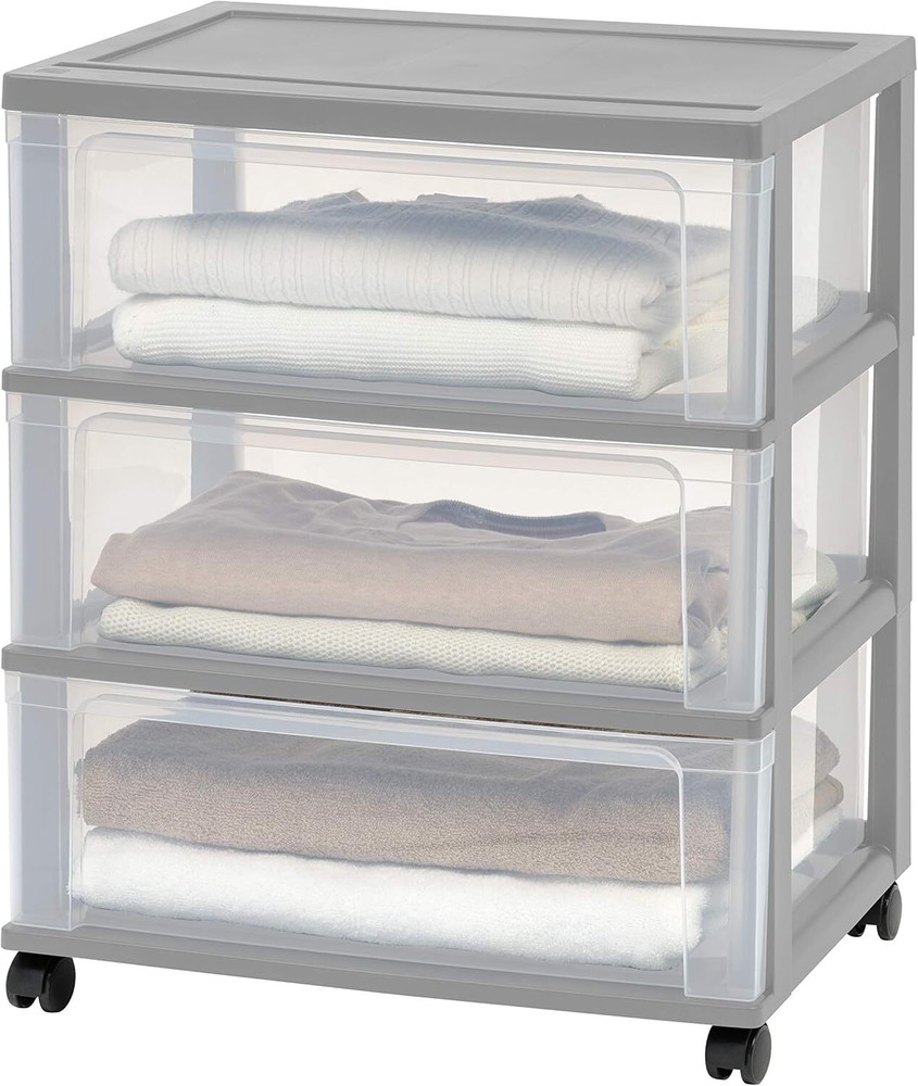Plastic Drawer Storage Organizer Rolling Cart, 3-Drawers,Gray/Clear