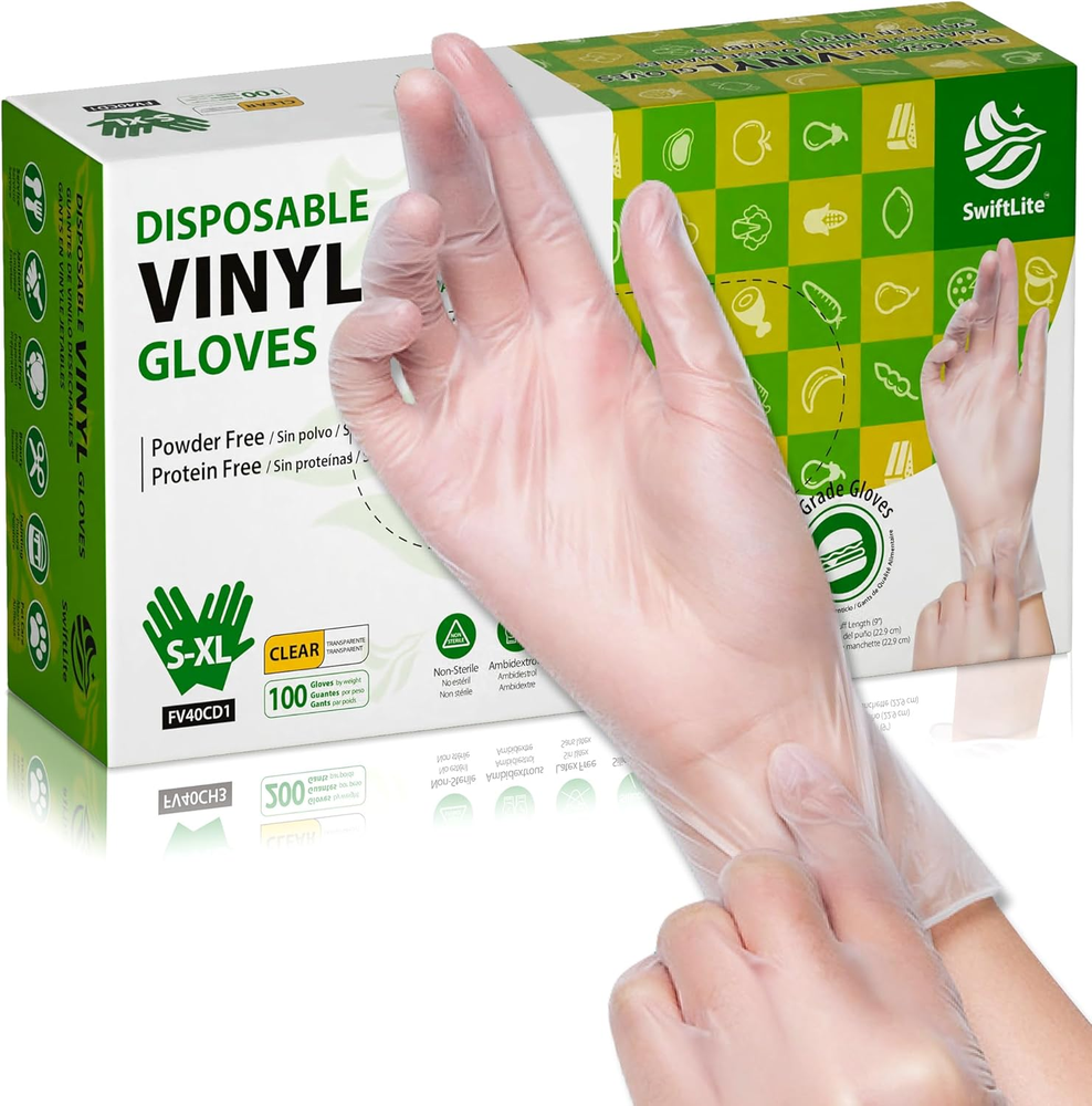 Disposable Latex-Free Vinyl Gloves Food Safe Powder-Free Clear Plastic