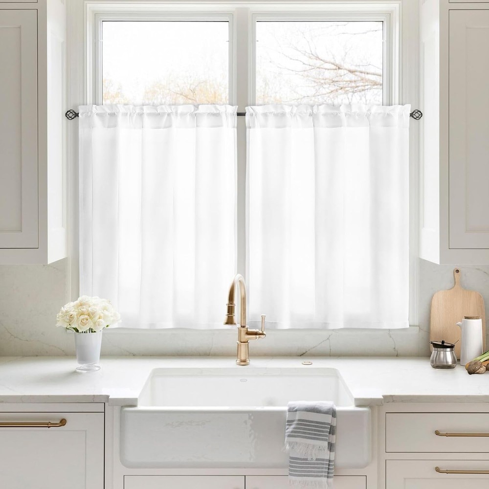 White Sheer Kitchen Curtains 30x36 – Non-See-Through for Privacy