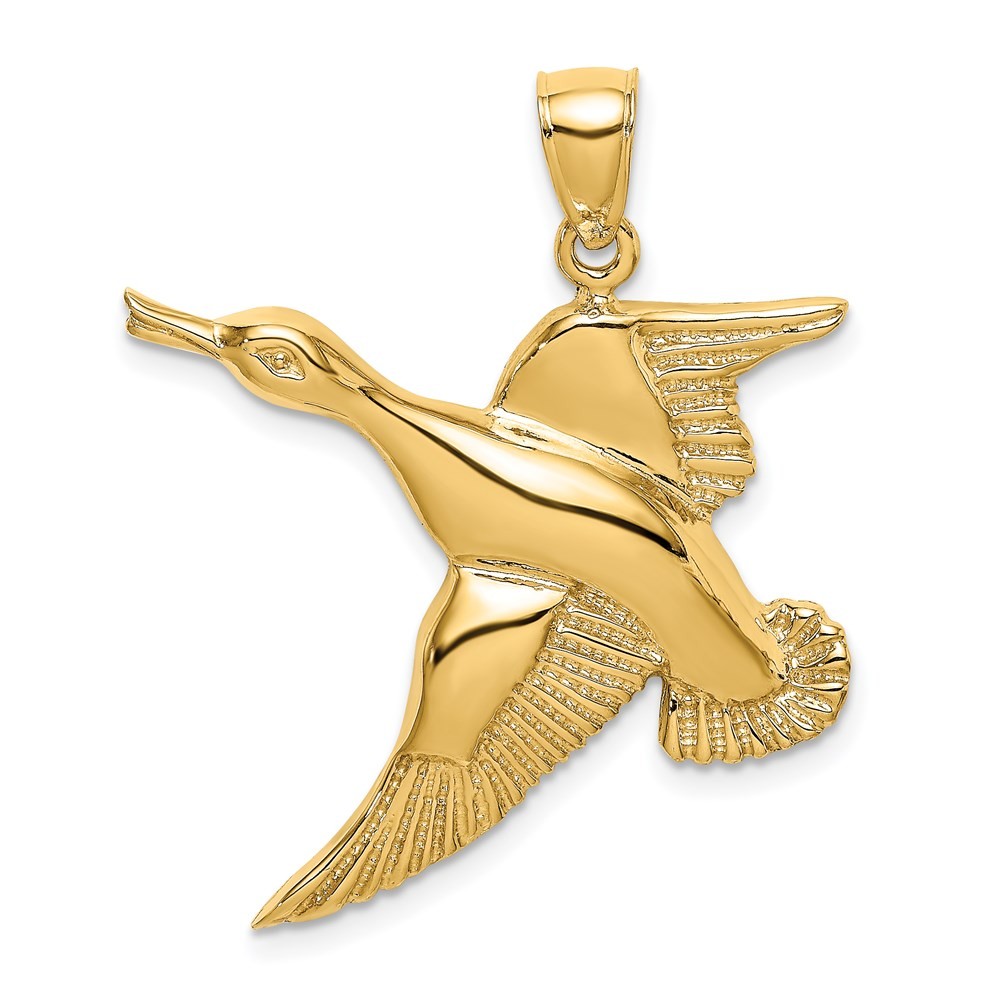 14K Yellow Gold Textured Flying Duck Charm Pendant L-39.5 mm, W-29.8 mm