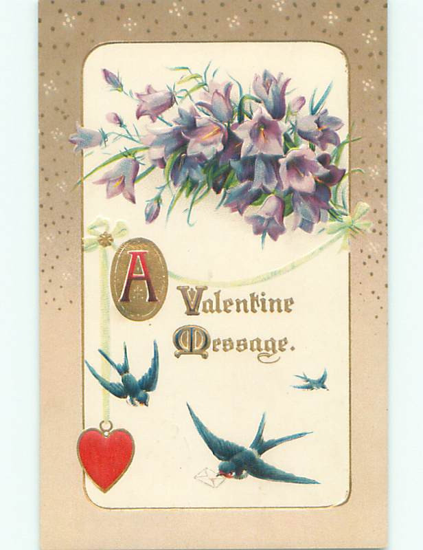 Pre-Linen valentine BLUEBIRD BIRDS CARRY ENVELOPES BESIDE HEART 60k cards J0448