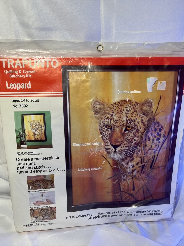 Vtg Leopard Needlework kit Crewel Stitchery & Quilting Large 70s Trapunto NOS