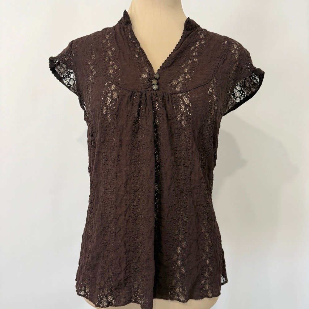Y2K Faded Glory Sheer Lace Top Womens Large Brown V-Neck Boho Fairy Grunge