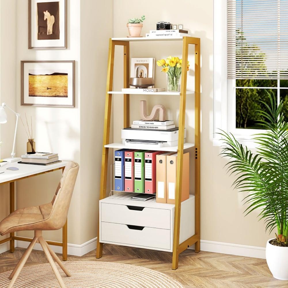 4-Tier White Ladder Shelf With 2 Drawers 52.5 Inch Tall Freestanding Bookcase