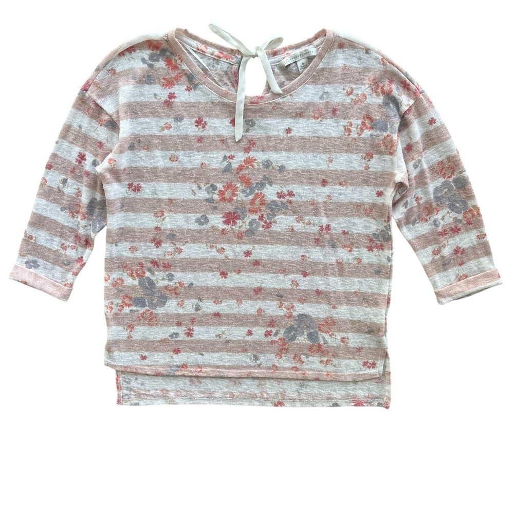 LC Lauren Conrad Womens M Blush Pink Floral Bow 3/4 Sleeve Knit Blouse