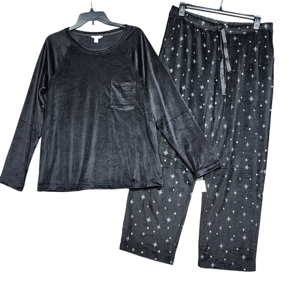 Charter Club Velour Pajamas Set Long Sleeve Top and Pants Black Twinkle Large