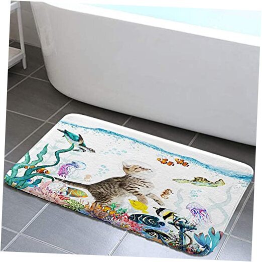 Funny Cat Bath Rugs, Cute Fun Cat in Teal Blue Sea Ocean Kids Bathroom 17X29