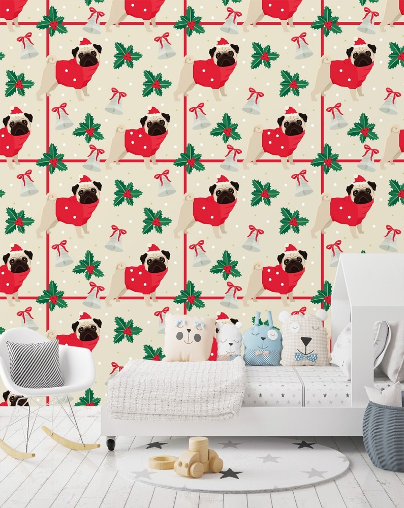 3D Christmas Dog Wallpaper ZHUA355 Self-Adhesive Removable Wall Mural