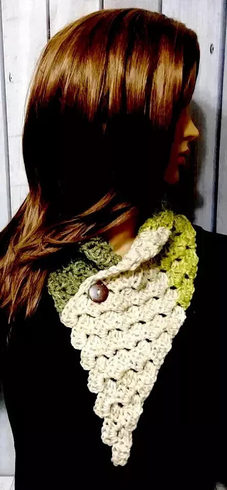 crochet womans handmade button cowl scarf wool blend desert green