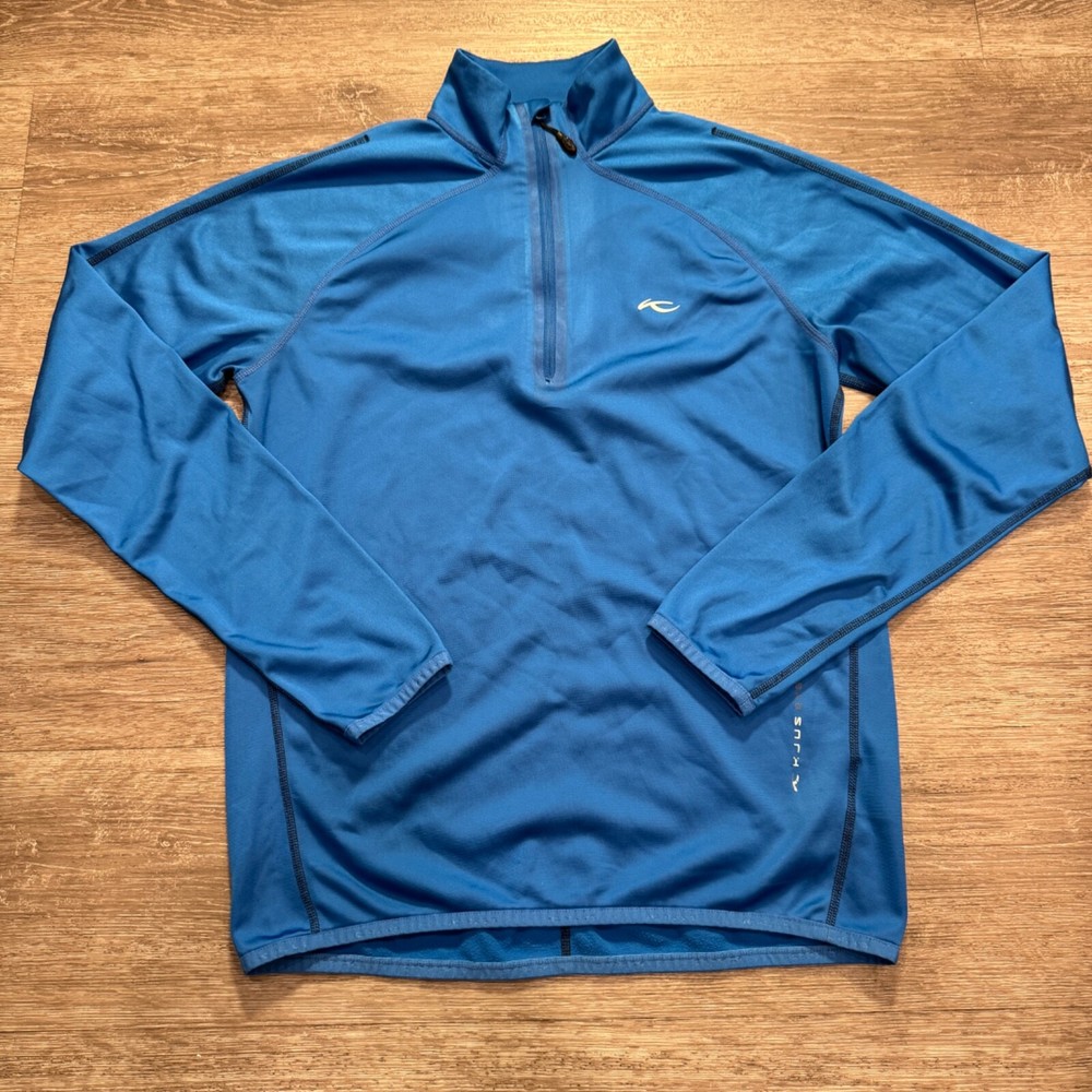 KJUS Sweater Mens Medium 50 Blue 1/4 Zip Golf Athleisure Spellout Performance
